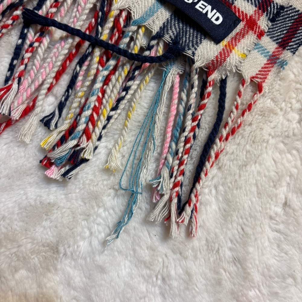Lands' End Scarf Multicolor Plaid White Blue Red Pink Rope Fringe Cozy Soft - Picture 8 of 10